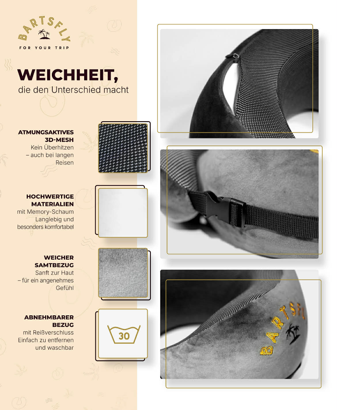 BartsFly ergonomisches Memory Foam Reisekissen für Flugzeug, Auto, Zug & Hause