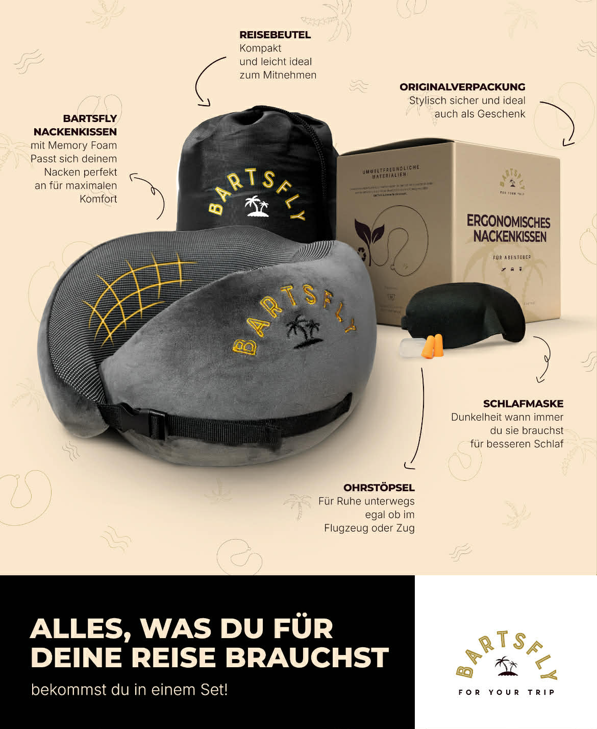 BartsFly ergonomisches Memory Foam Reisekissen für Flugzeug, Auto, Zug & Hause