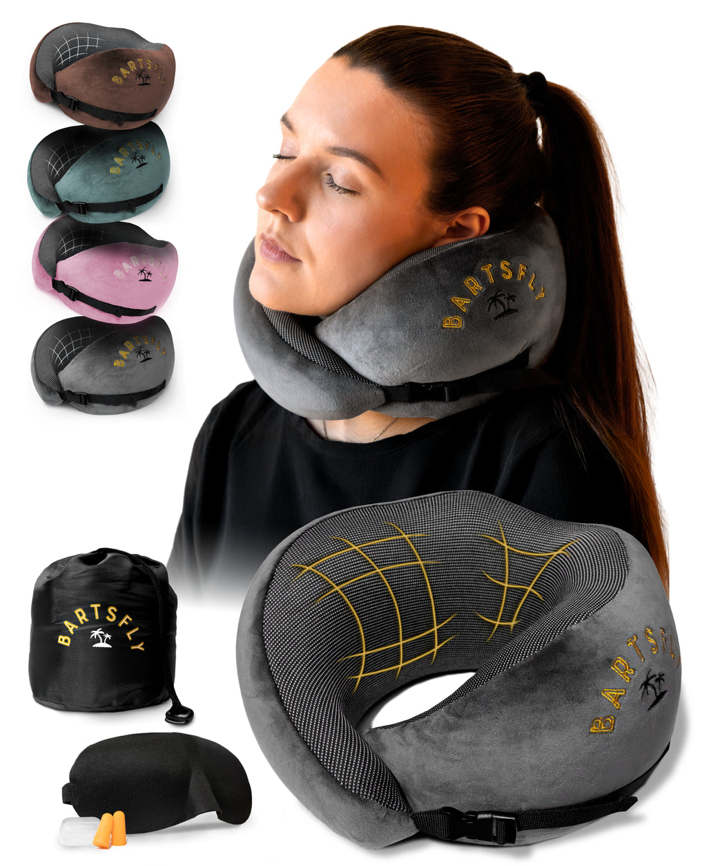 BartsFly Ergonomic Memory Foam Travel Pillow for Airplane, Car, Train &amp; Home