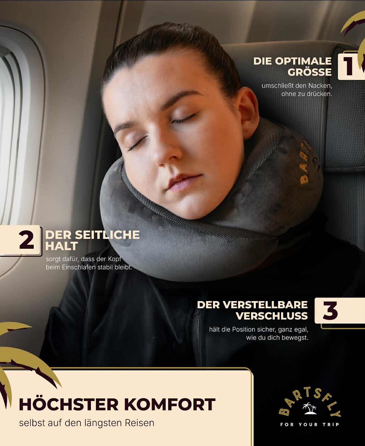 BartsFly ergonomisches Memory Foam Reisekissen für Flugzeug, Auto, Zug & Hause
